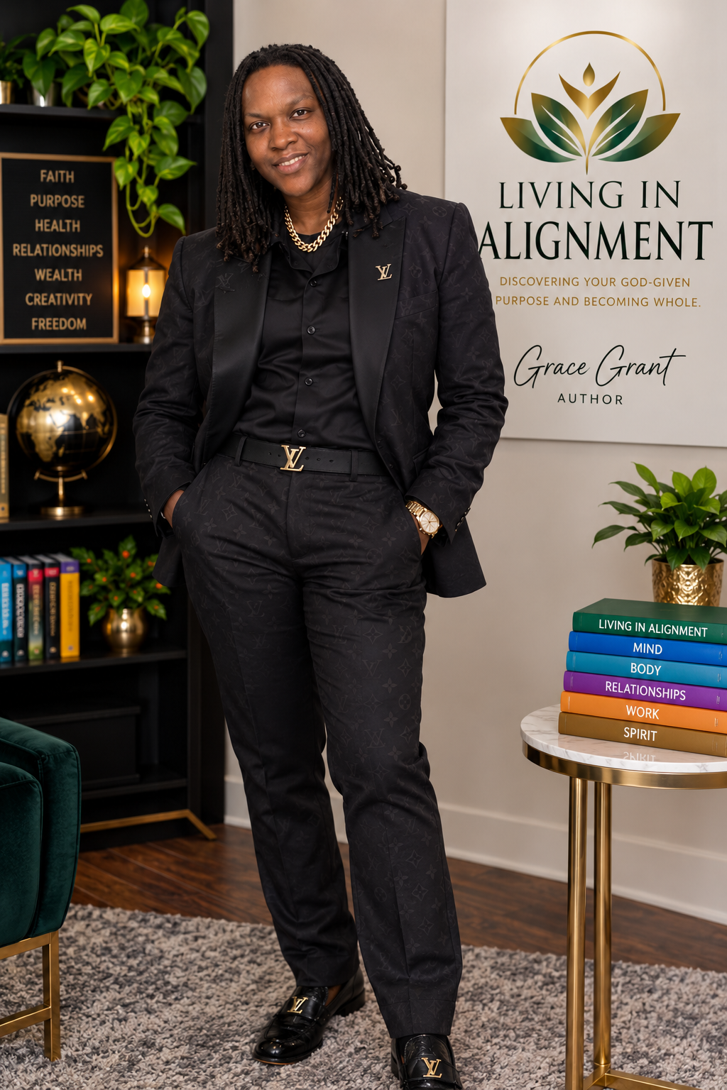 Minister Grace Grant in a black suit beside the Living in Alignment logo and books